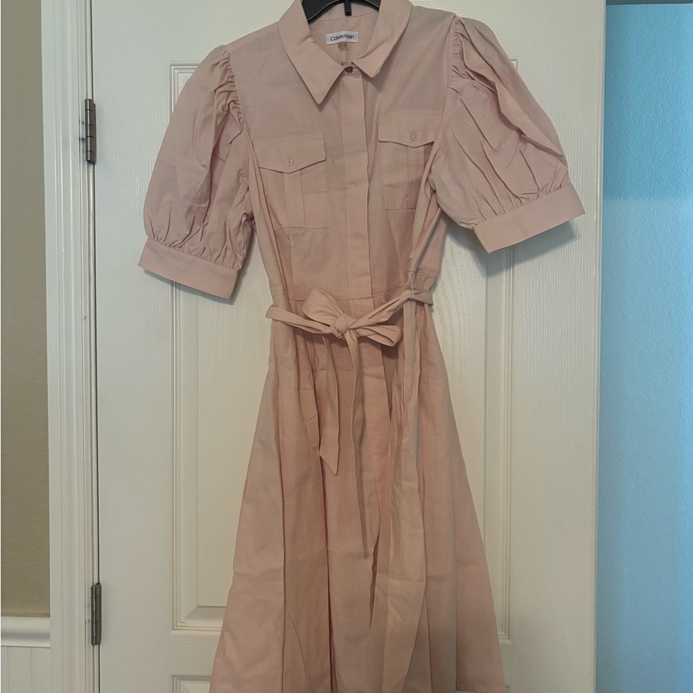 Calvin Klein Blush Pink Midi Dress with Puff Sleeves